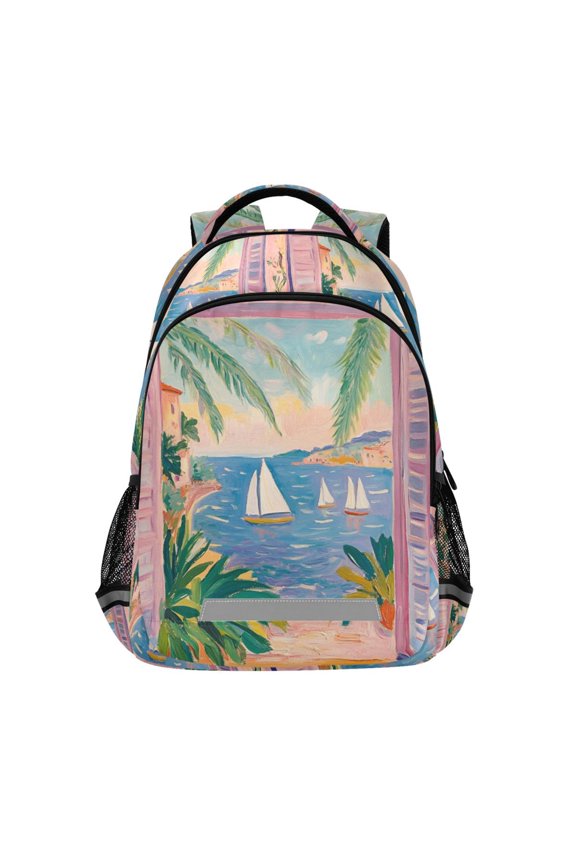 Unisex Backpack Elementary School Travel Bookbag with Reflective Stripes, Pink Seaside Boat