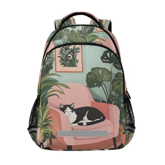 FORMRS Unisex Backpack Elementary School Travel Bookbag with Reflective Stripes, Pink Sleeping Cat