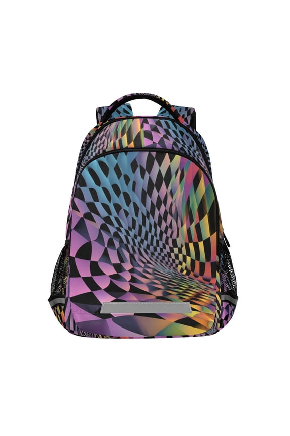 Unisex Backpack Elementary School Travel Bookbag with Reflective Stripes, Pink Wavy Plaid