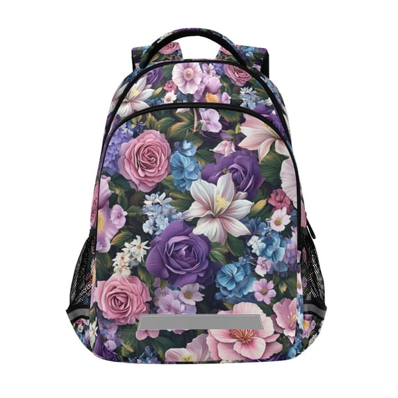 FORMRS Kids School Backpack Elementary Student Unisex Travel Bookbag with Reflective Stripes, Pink and Purple Flowers