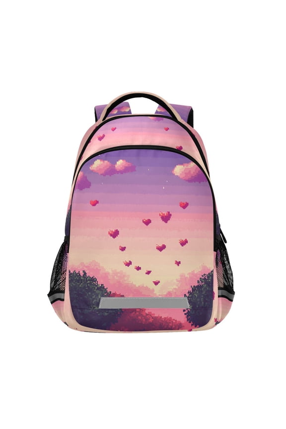 Unisex Backpack Elementary School Travel Bookbag with Reflective Stripes, Pixel Floating Hearts