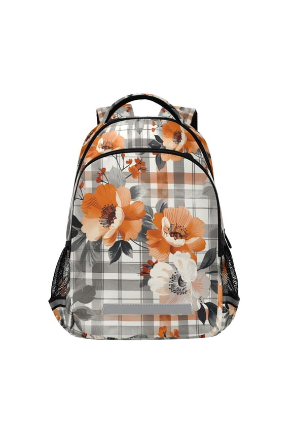Unisex Backpack Elementary School Travel Bookbag with Reflective Stripes, Plaid Floral