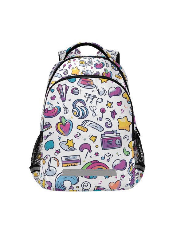 Kids School Backpack Elementary Student Unisex Travel Bookbag with Reflective Stripes, Purple Doodle Pattern