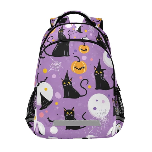 FORMRS Unisex Backpack Elementary School Travel Bookbag with Reflective Stripes, Purple Halloween Pattern