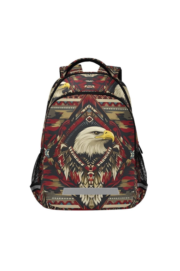 Unisex Backpack Elementary School Travel Bookbag with Reflective Stripes, Red Abstract Eagle