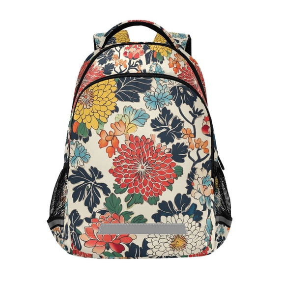 FORMRS Unisex Backpack Elementary School Travel Bookbag with Reflective Stripes, Red Flowers Pattern