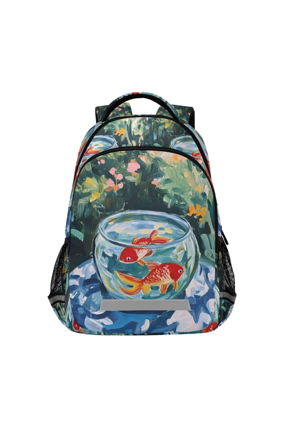 Unisex Backpack Elementary School Travel Bookbag with Reflective Stripes, Red Goldfish