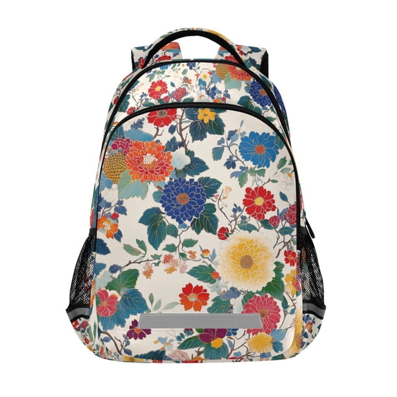 FORMRS Kids School Backpack Elementary Student Unisex Travel Bookbag with Reflective Stripes, Red Japanese Floral Pattern