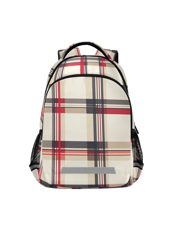 Unisex Backpack Elementary School Travel Bookbag with Reflective Stripes, Red Tartan
