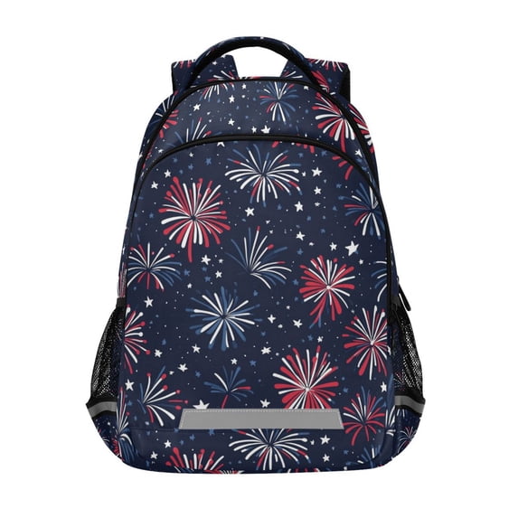 FORMRS Unisex Backpack Elementary School Travel Bookbag with Reflective Stripes, Red and Blue Fireworks Pattern