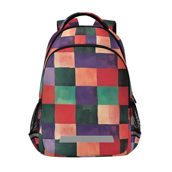 FORMRS Unisex Backpack Elementary School Travel Bookbag with Reflective Stripes, Red and Purple Plaid Pattern