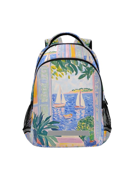 Kids School Backpack Elementary Student Unisex Travel Bookbag with Reflective Stripes, Seaside Boat