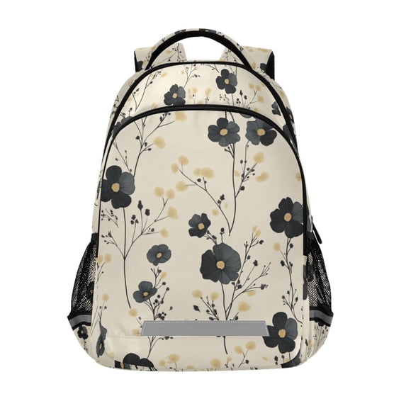 FORMRS Kids School Backpack Elementary Student Unisex Travel Bookbag with Reflective Stripes, Small Black Flowers
