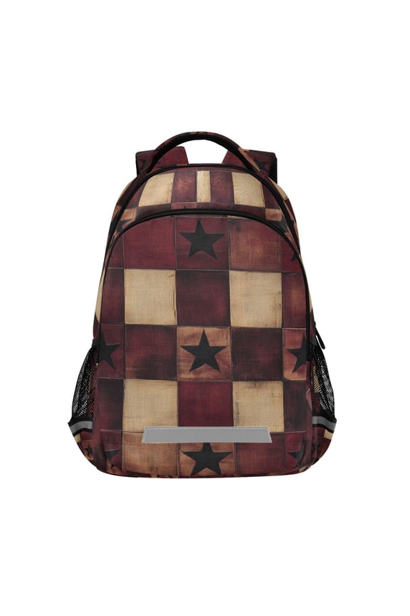 Unisex Backpack Elementary School Travel Bookbag with Reflective Stripes, Star Spangled Squares