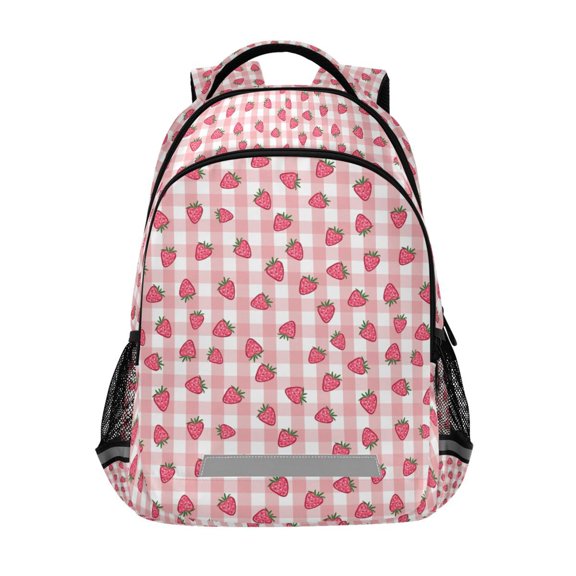 FORMRS Unisex Backpack Elementary School Travel Bookbag with Reflective Stripes, Strawberry Plaid Pattern