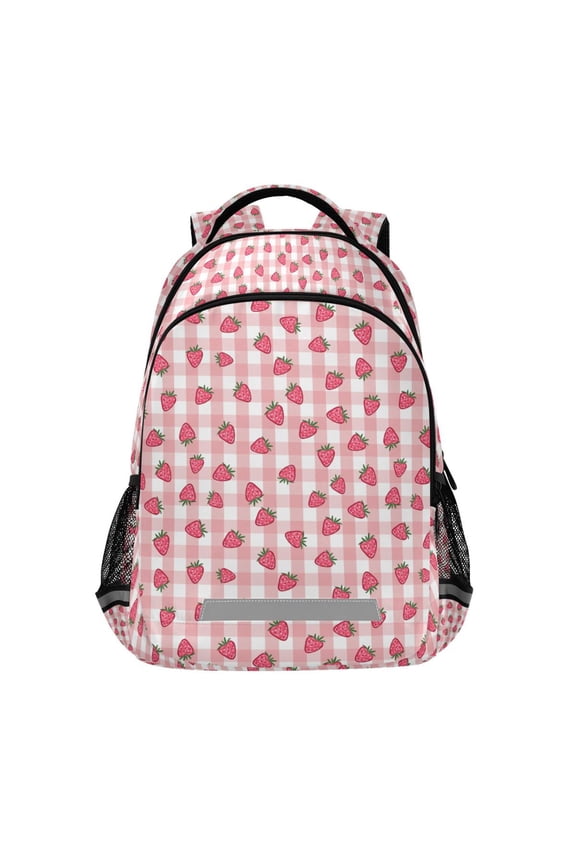 Unisex Backpack Elementary School Travel Bookbag with Reflective Stripes, Strawberry Plaid Pattern