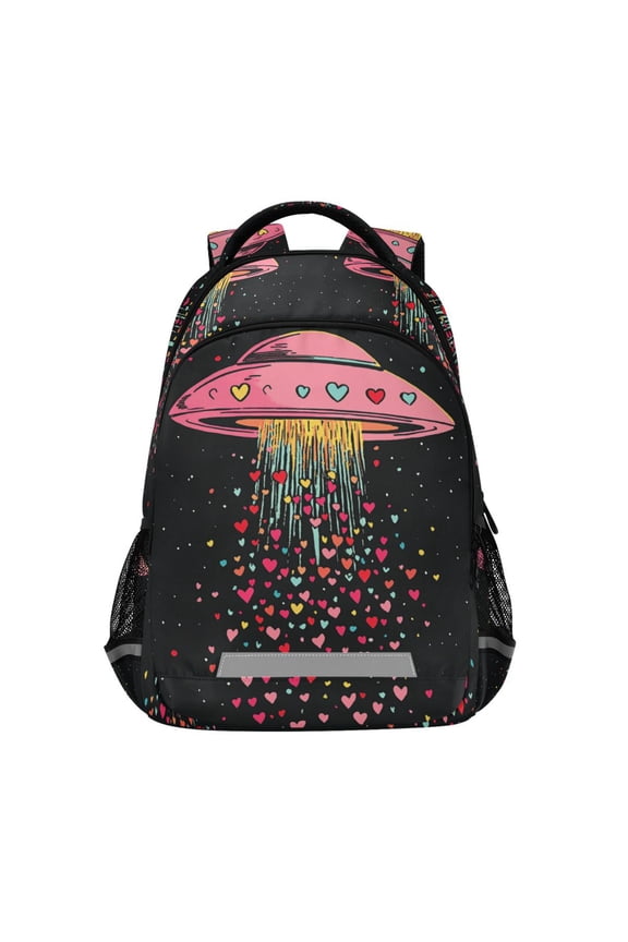 Unisex Backpack Elementary School Travel Bookbag with Reflective Stripes, UFO with Hearts Pattern