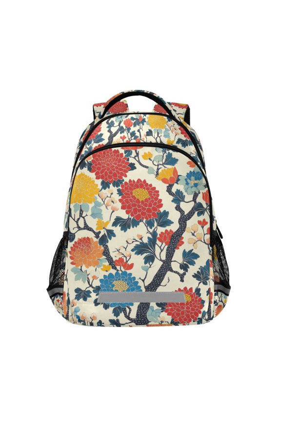 Unisex Backpack Elementary School Travel Bookbag with Reflective Stripes, Vibrant Japanese Flowers