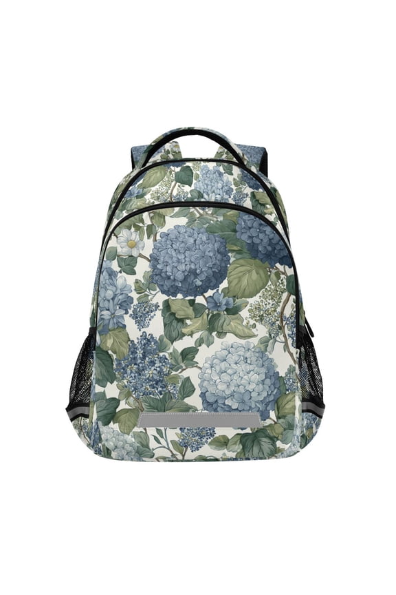 Unisex Backpack Elementary School Travel Bookbag with Reflective Stripes, Watercolor Hydrangeas Pattern