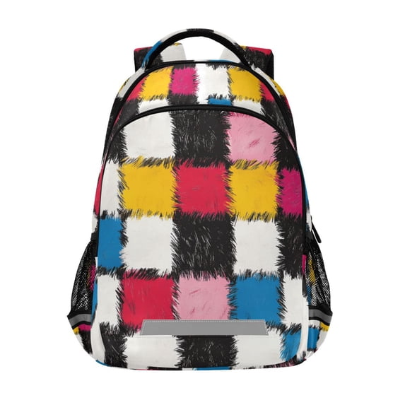 FORMRS Unisex Backpack Elementary School Travel Bookbag with Reflective Stripes, White Checkered Pattern