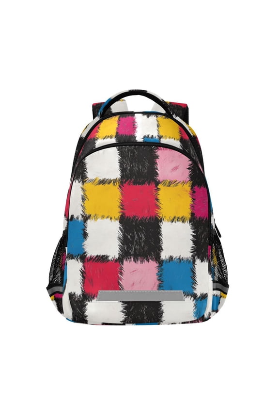 Unisex Backpack Elementary School Travel Bookbag with Reflective Stripes, White Checkered Pattern