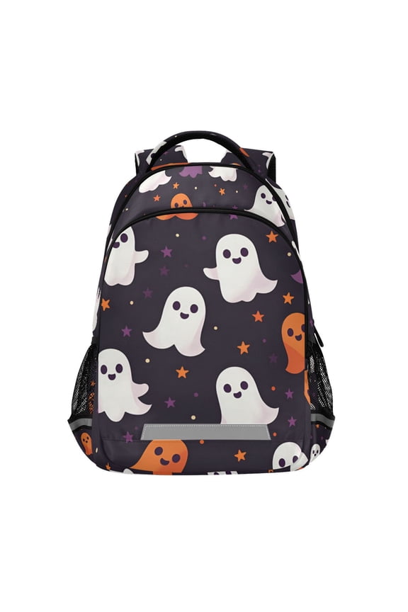 Unisex Backpack Elementary School Travel Bookbag with Reflective Stripes, White Halloween Ghosts