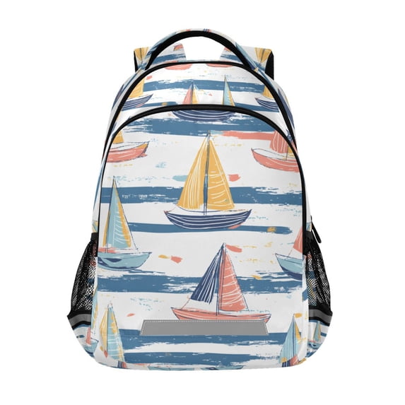 FORMRS Kids School Backpack Elementary Student Unisex Travel Bookbag with Reflective Stripes, White Hand Drawn Sailboats