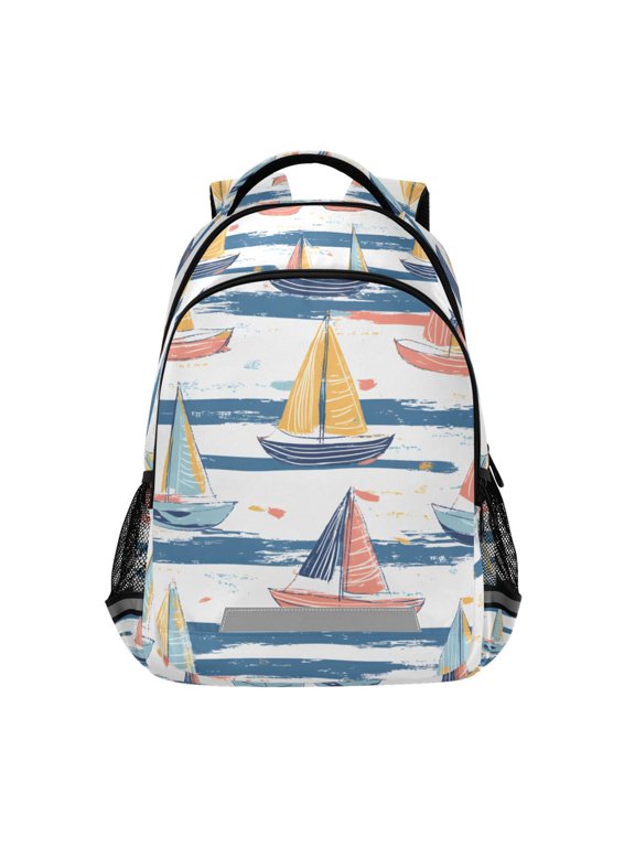 Kids School Backpack Elementary Student Unisex Travel Bookbag with Reflective Stripes, White Hand Drawn Sailboats