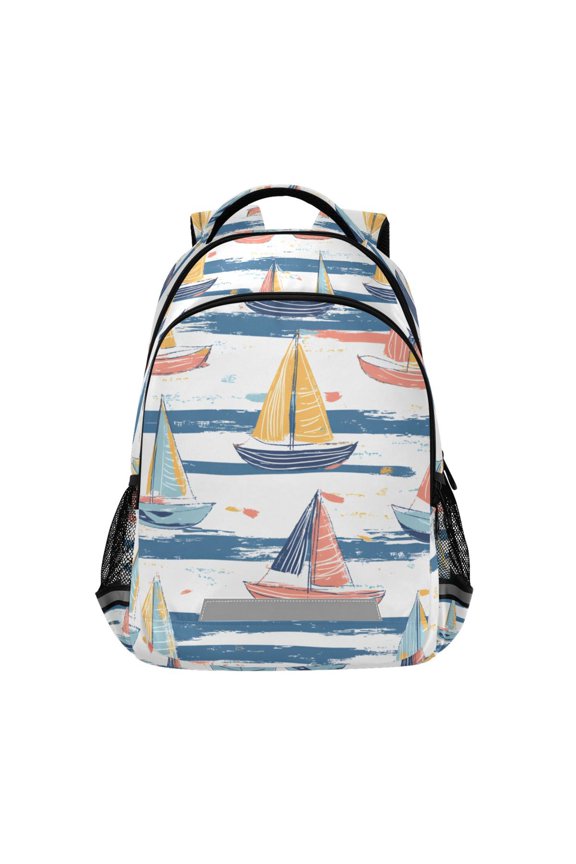 Unisex Backpack Elementary School Travel Bookbag with Reflective Stripes, White Hand Drawn Sailboats