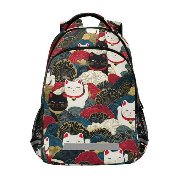 FORMRS Unisex Backpack Elementary School Travel Bookbag with Reflective Stripes, White Lucky Cat