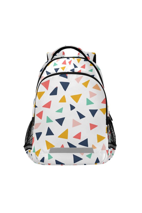 Unisex Backpack Elementary School Travel Bookbag with Reflective Stripes, White Minimalist Triangles