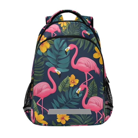 FORMRS Unisex Backpack Elementary School Travel Bookbag with Reflective Stripes, Yellow Floral Flamingo