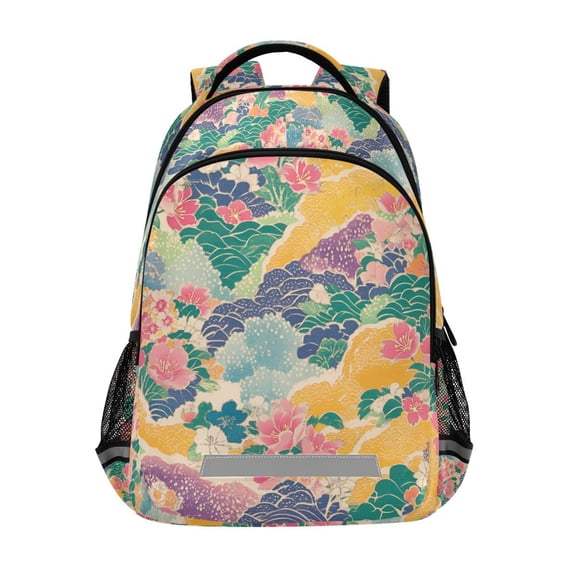 FORMRS Unisex Backpack Elementary School Travel Bookbag with Reflective Stripes, Yellow Floral Wave