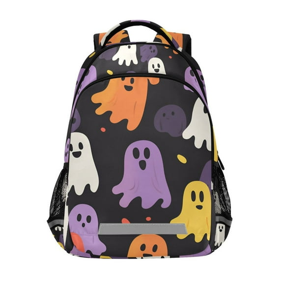 FORMRS Unisex Backpack Elementary School Travel Bookbag with Reflective Stripes, Yellow Halloween Ghosts