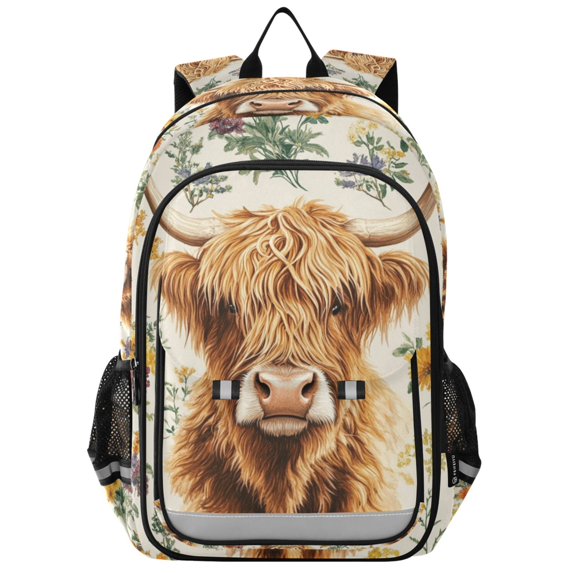 FORMRS Unisex School Backpack 17" Student Travel Bag with Laptop Compartment, Floral Cow