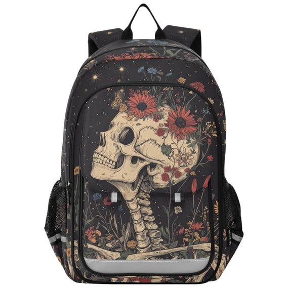 FORMRS Unisex School Backpack 17" Student Travel Bag with Laptop Compartment, Skeleton with Flowers Pattern