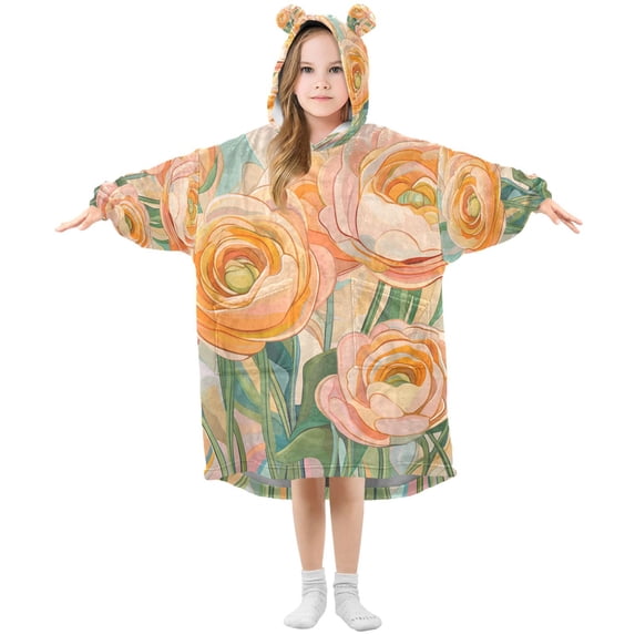 FORMRS Wearable Blanket Hoodie with Sleeves for Kids Cozy Flannel Sweatshirt, Abstract Floral Art