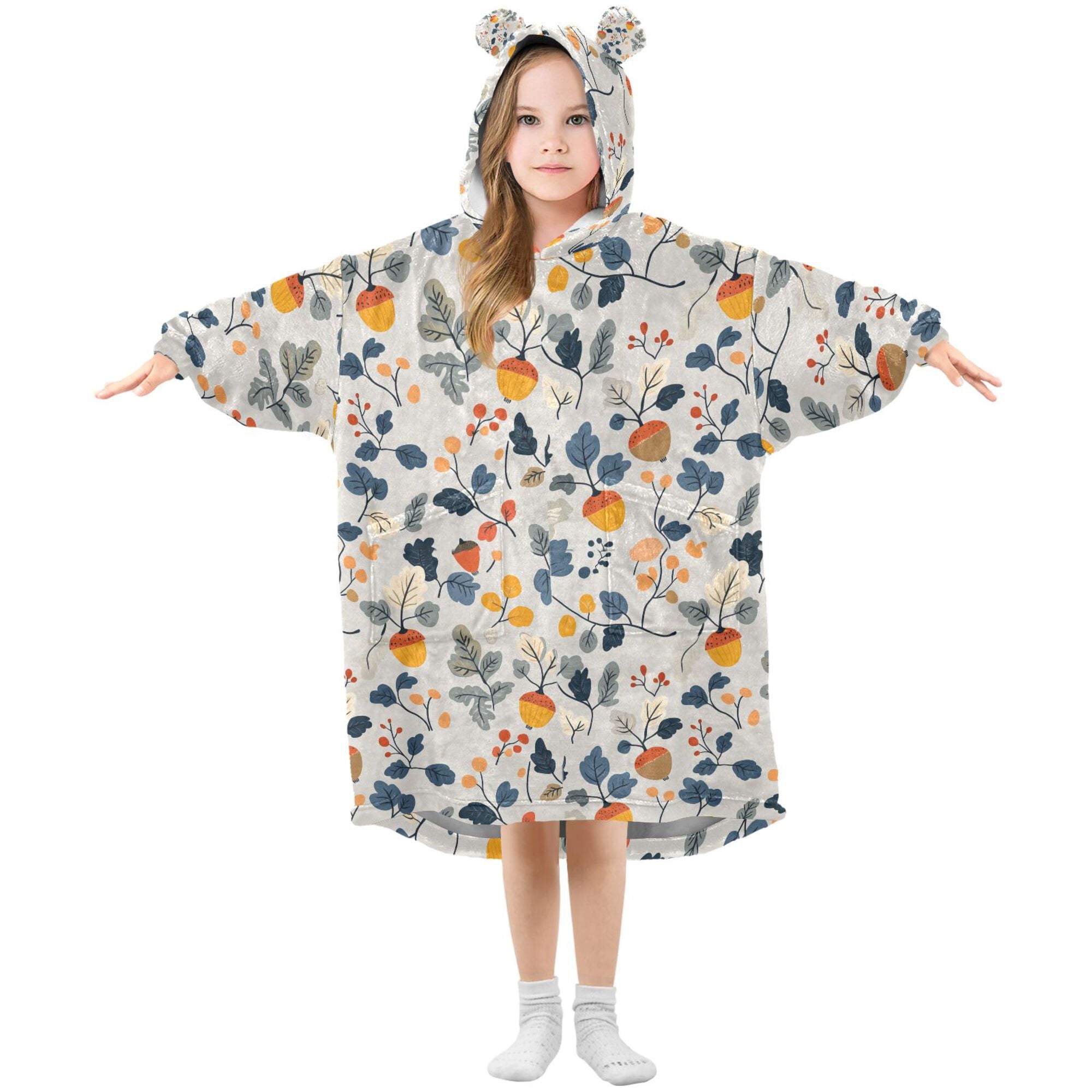 FORMRS Wearable Blanket Hoodie with Sleeves for Kids Cozy Flannel Sweatshirt, Acorn Leaves Pattern
