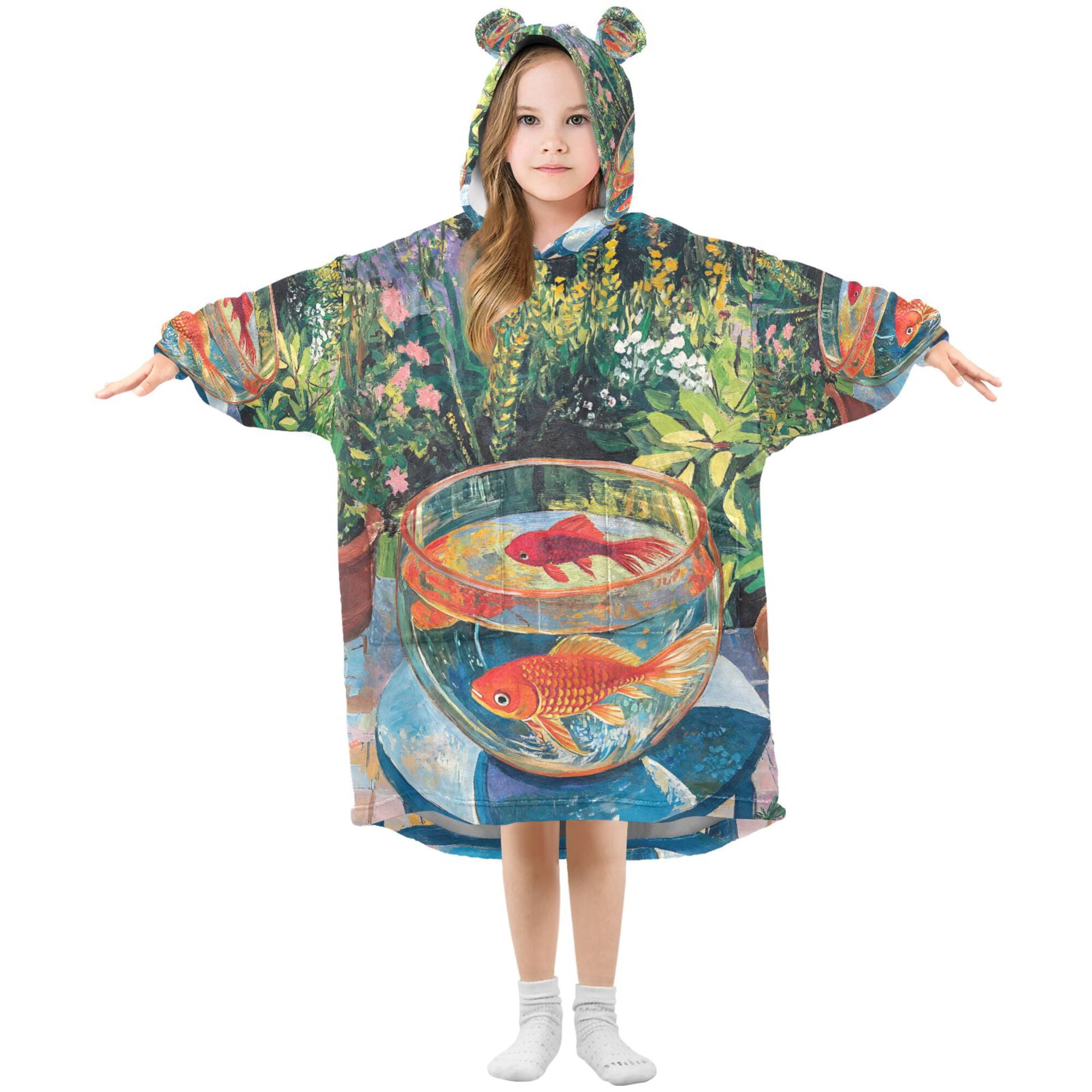 FORMRS Wearable Blanket Hoodie with Sleeves for Kids Cozy Flannel Sweatshirt, Art Goldfish Bowl