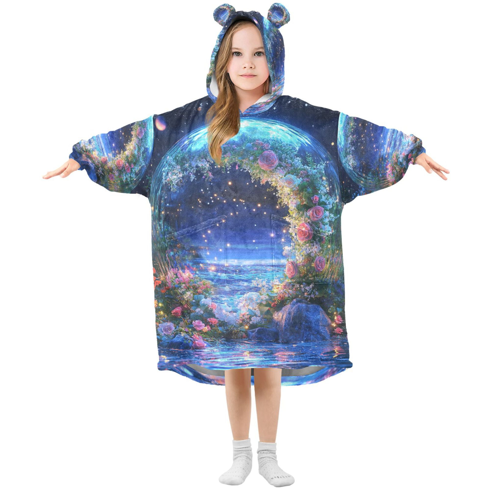 FORMRS Wearable Blanket Hoodie with Sleeves for Kids Cozy Flannel Sweatshirt, Beautiful Floral Moon