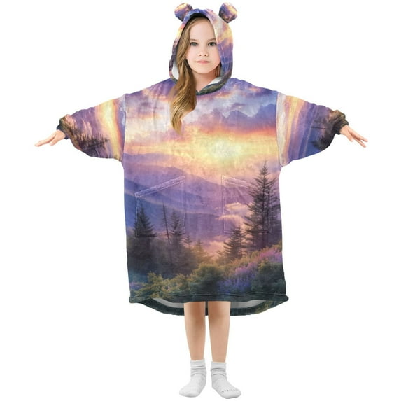 FORMRS Wearable Blanket Hoodie with Sleeves for Kids Cozy Flannel Sweatshirt, Beautiful Mountain