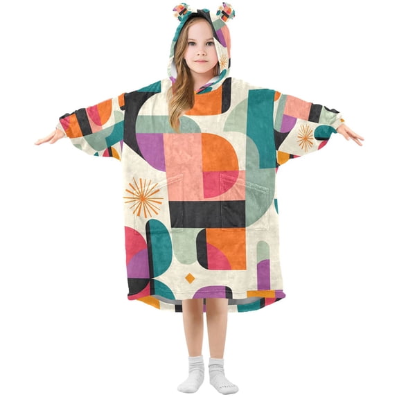 FORMRS Wearable Blanket Hoodie with Sleeves for Kids Cozy Flannel Sweatshirt, Beige Abstract