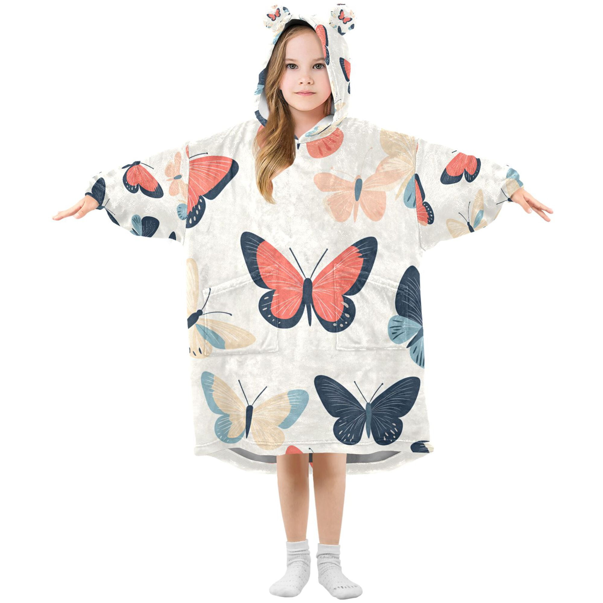 FORMRS Wearable Blanket Hoodie with Sleeves for Kids Cozy Flannel Sweatshirt, Beige Butterflies