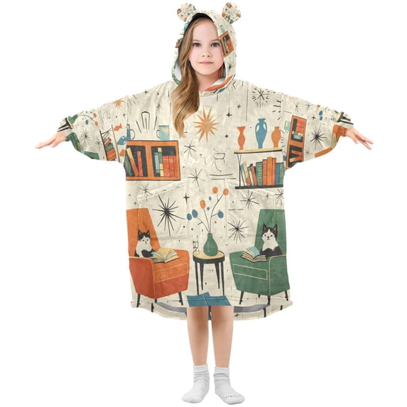FORMRS Wearable Blanket Hoodie with Sleeves for Kids Cozy Flannel Sweatshirt, Beige Cats Reading