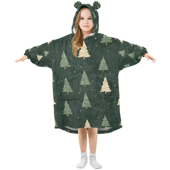 FORMRS Wearable Blanket Hoodie with Sleeves for Kids Cozy Flannel Sweatshirt, Beige Christmas Trees