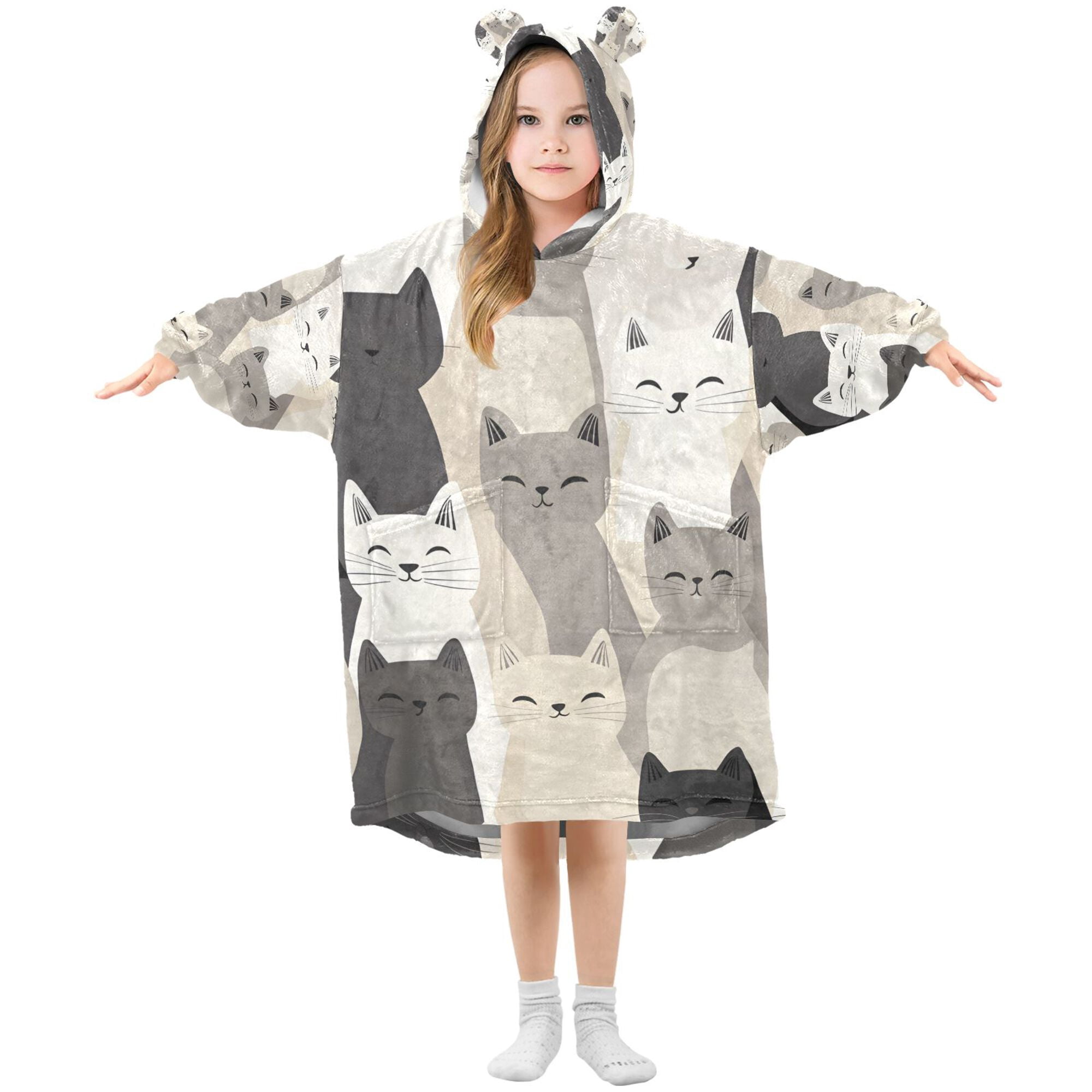FORMRS Wearable Blanket Hoodie with Sleeves for Kids Cozy Flannel Sweatshirt, Beige Cute Cats