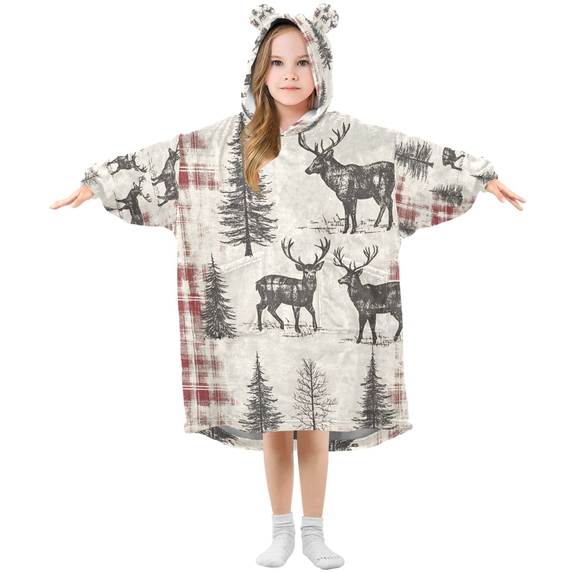 FORMRS Wearable Blanket Hoodie with Sleeves for Kids Cozy Flannel Sweatshirt, Beige Deer