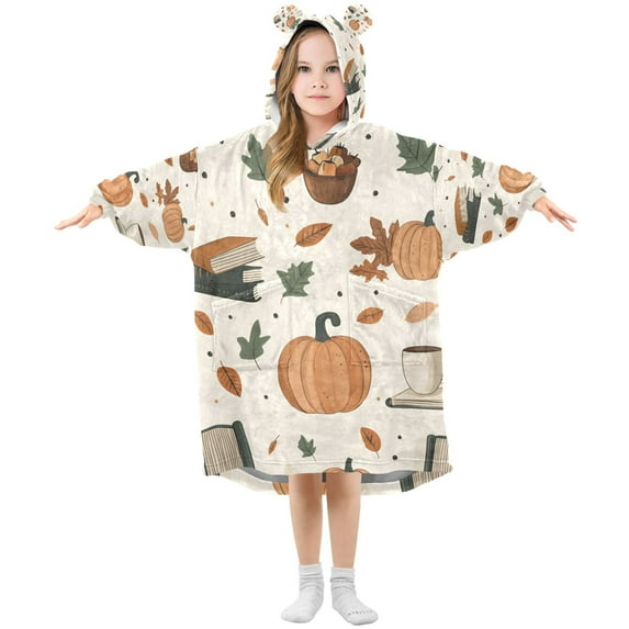 FORMRS Wearable Blanket Hoodie with Sleeves for Kids Cozy Flannel Sweatshirt, Beige Fall Leaves