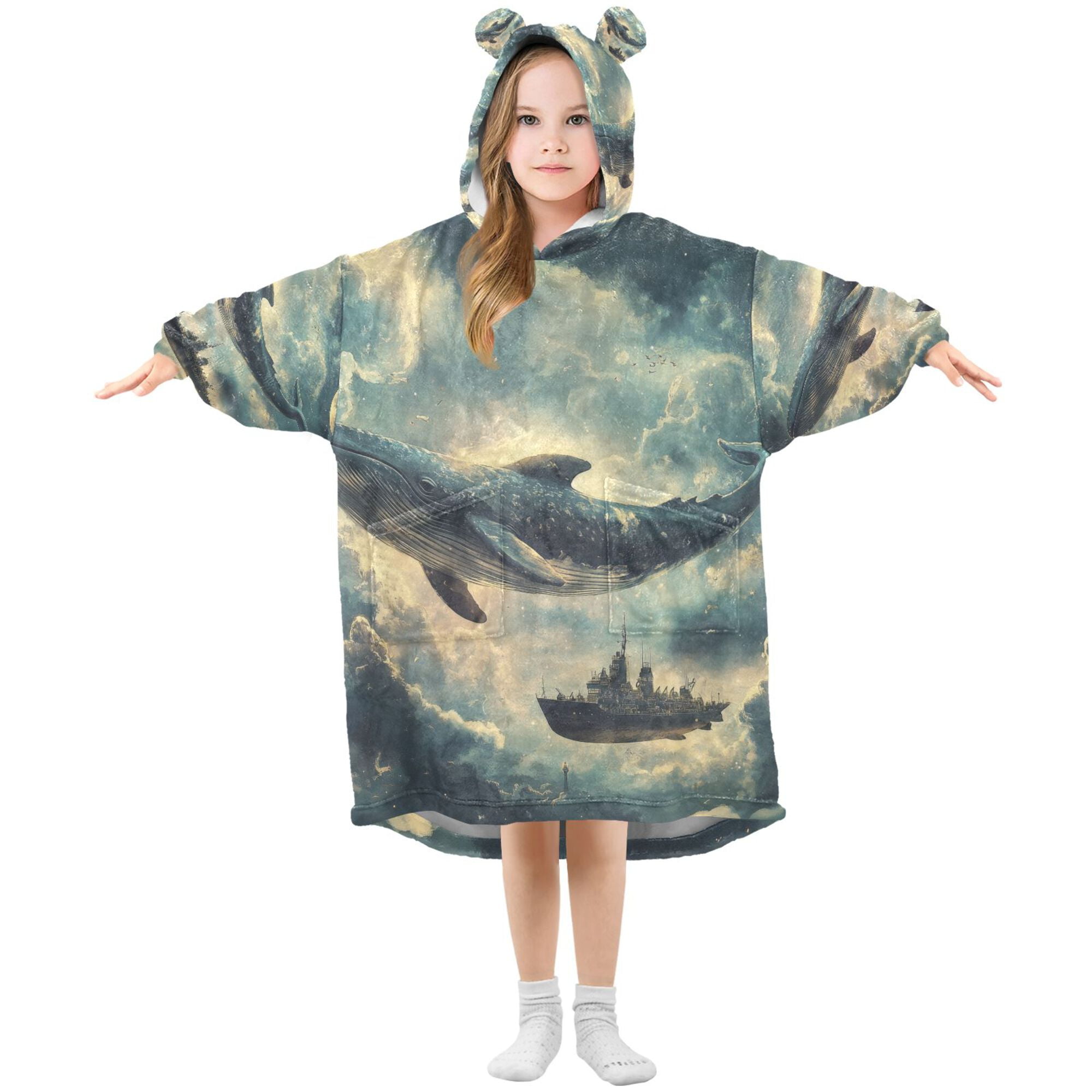 FORMRS Wearable Blanket Hoodie with Sleeves for Kids Cozy Flannel Sweatshirt, Beige Floating Whale