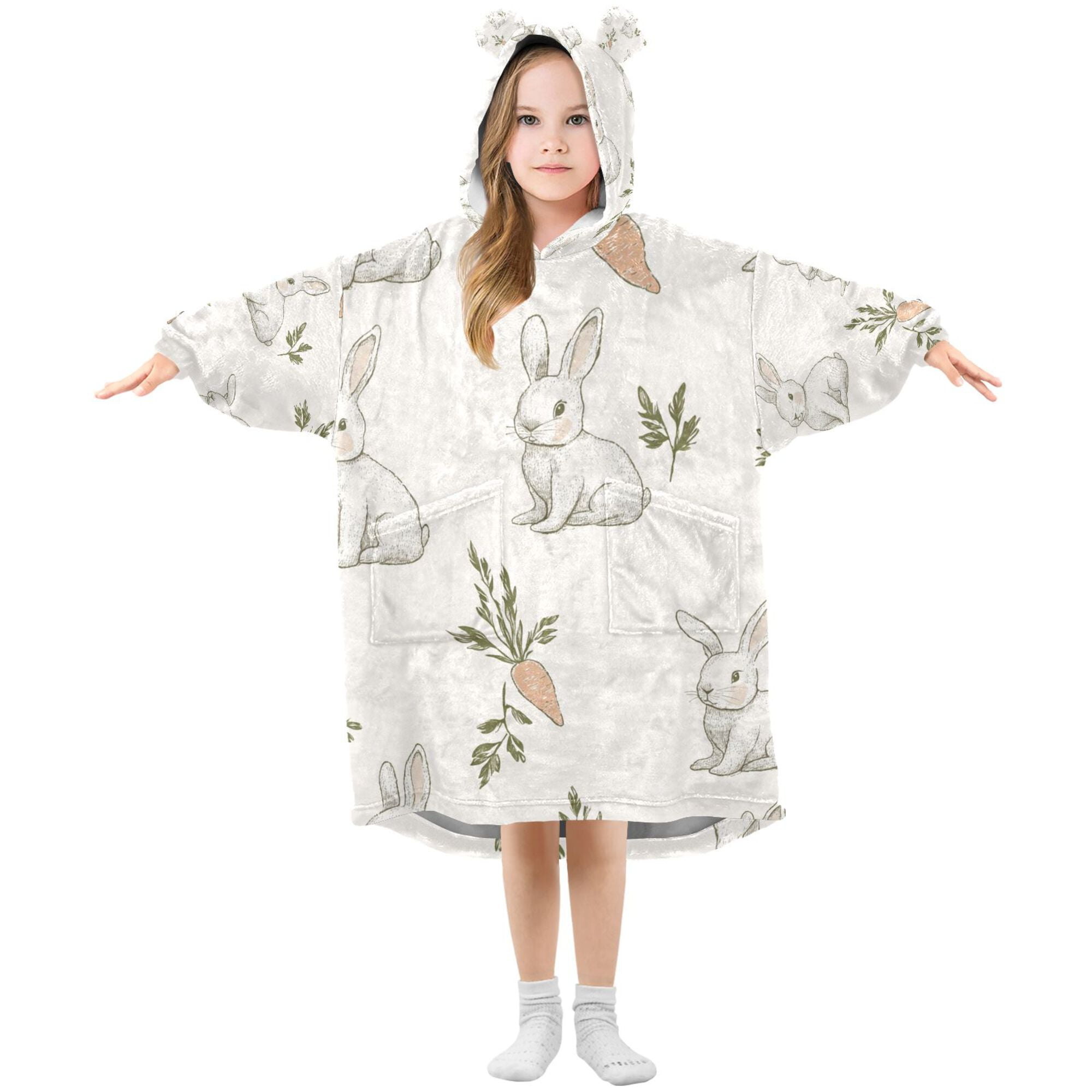 FORMRS Wearable Blanket Hoodie with Sleeves for Kids Cozy Flannel Sweatshirt, Beige Rabbits and Carrots